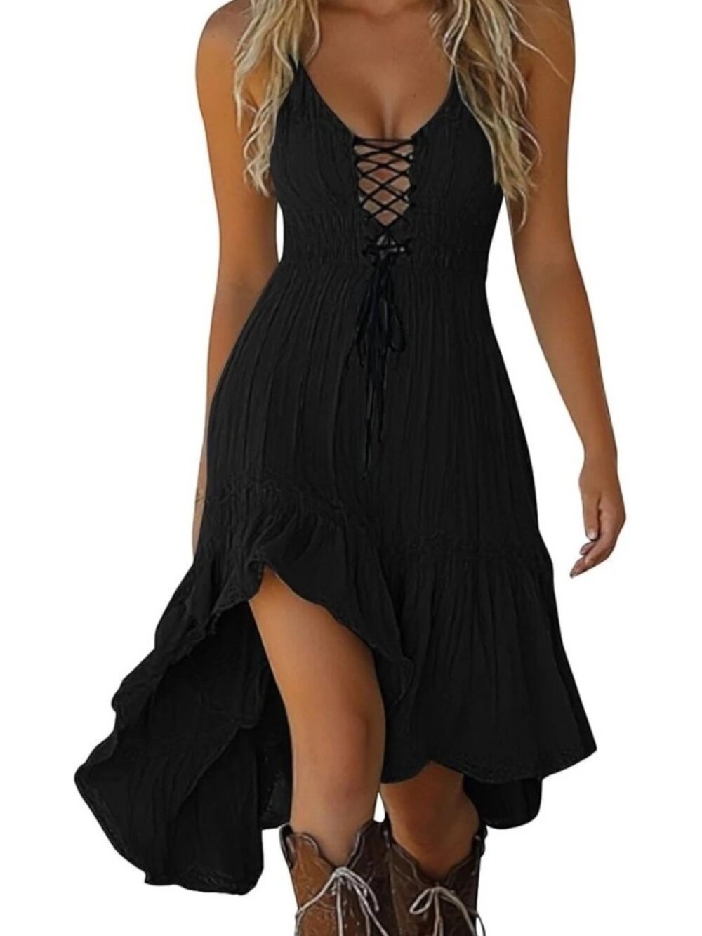 Gothic Boho Tiered Midi Dress - Lace Trim Handkerchief Hem - Corset Front Black